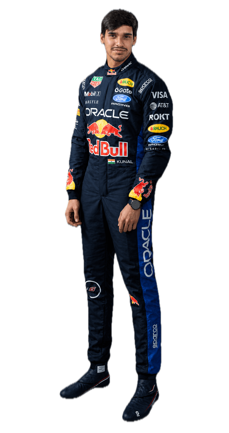 Kunal Sharma wearing a racing suit
